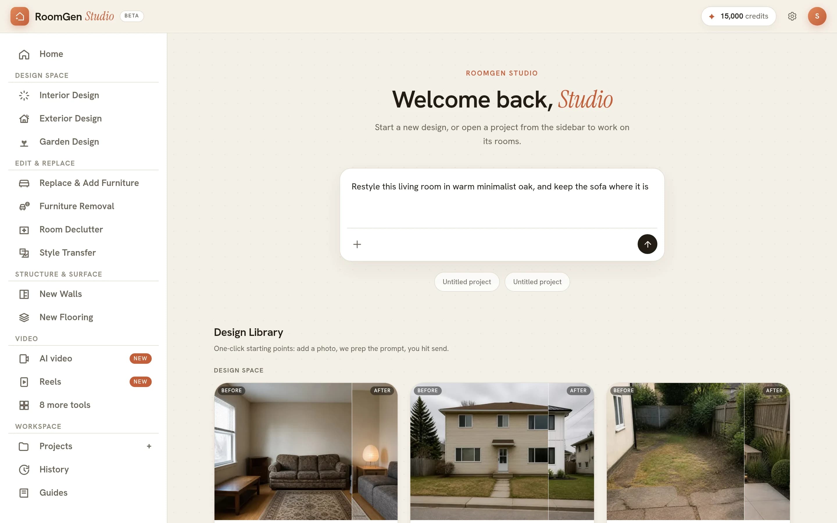 The RoomGen studio home screen on a desktop, with the styling tools listed down the left sidebar and the centre reading Welcome back, Studio above a prompt box holding the typed sentence Restyle this living room in warm minimalist oak, and keep the sofa where it is, two Untitled project pills underneath, and a Design Library row of before and after cards below that.