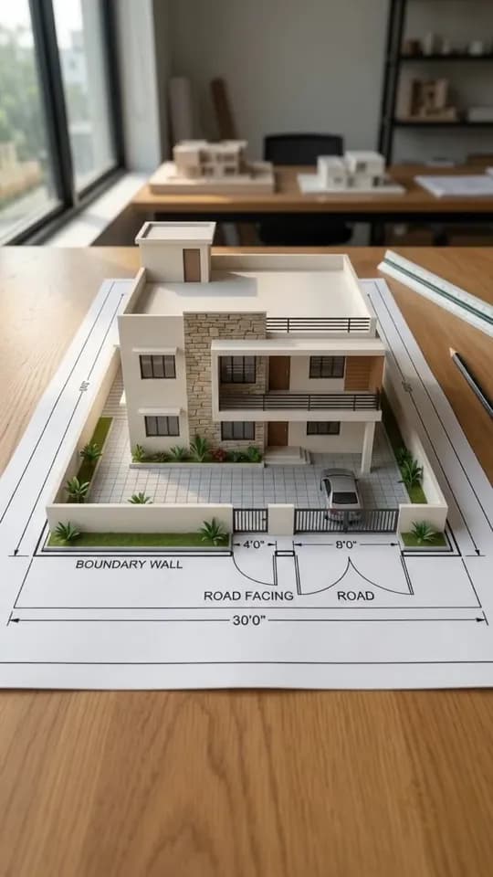 A finished two-storey scale model of a flat-roofed house on the same printed plan, with a stone-clad section, balconies, planting, a gated front wall and a model car