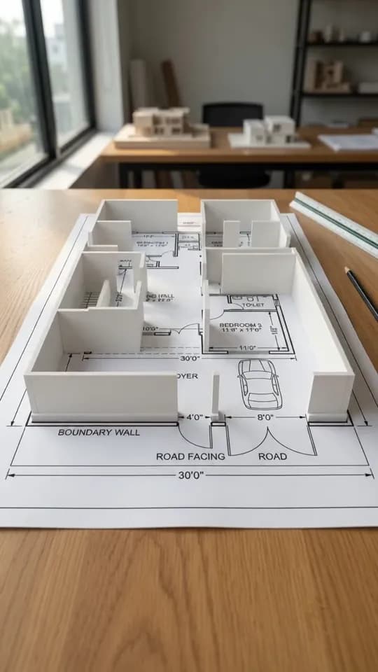 The same desk and plan from the same position, with plain white walls standing up from the drawn wall lines to form open-topped rooms with doorway gaps, and a boundary wall rising around the parking area with gaps where the two gates are drawn