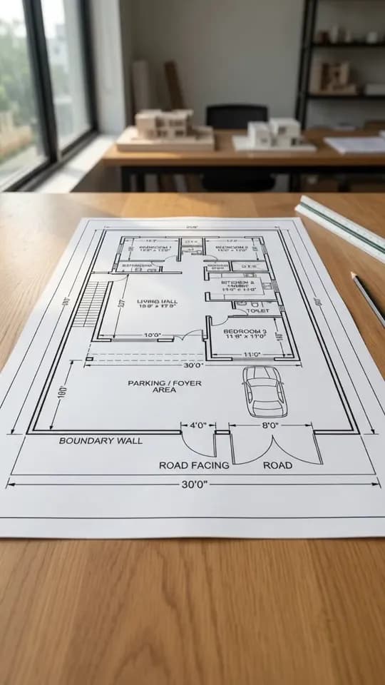 A printed floor plan on a wooden desk, with labelled bedrooms, a living hall, a kitchen, a staircase and a parking area, a ruler at its side and white architectural models behind