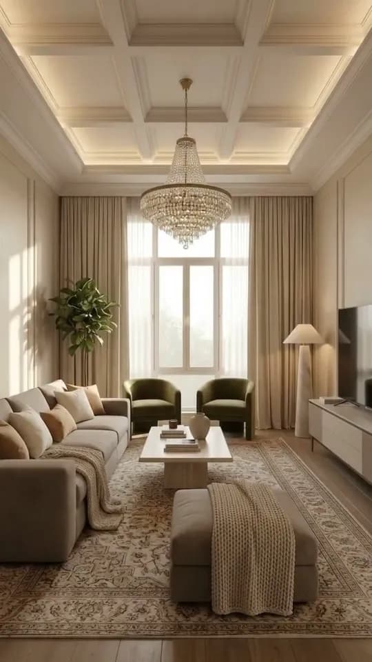 The finished render the reel ends on: the taupe sofa dressed with cushions and a knitted throw, two olive velvet armchairs by the window, a pale stone coffee table with books and a vase, an ottoman with a throw, a fig tree, a floor lamp and a television on the sideboard, all under the chandelier.