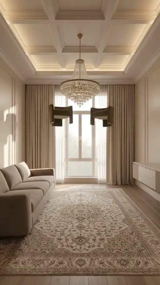 The same room partway through the clip: full-length taupe curtains and sheers now frame the window, a crystal chandelier hangs from the coffered ceiling, a patterned rug covers the floor, a taupe sofa stands on the left, a low sideboard hovers just above the floor on the right, and two armchairs are in mid-air near the window.