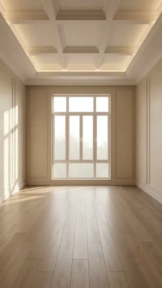 The Empty room frame: a tall living room with cream panelled walls, a coffered ceiling edged with warm cove lighting, a tall multi-pane window on the far wall and bare light oak floorboards catching low sunlight.