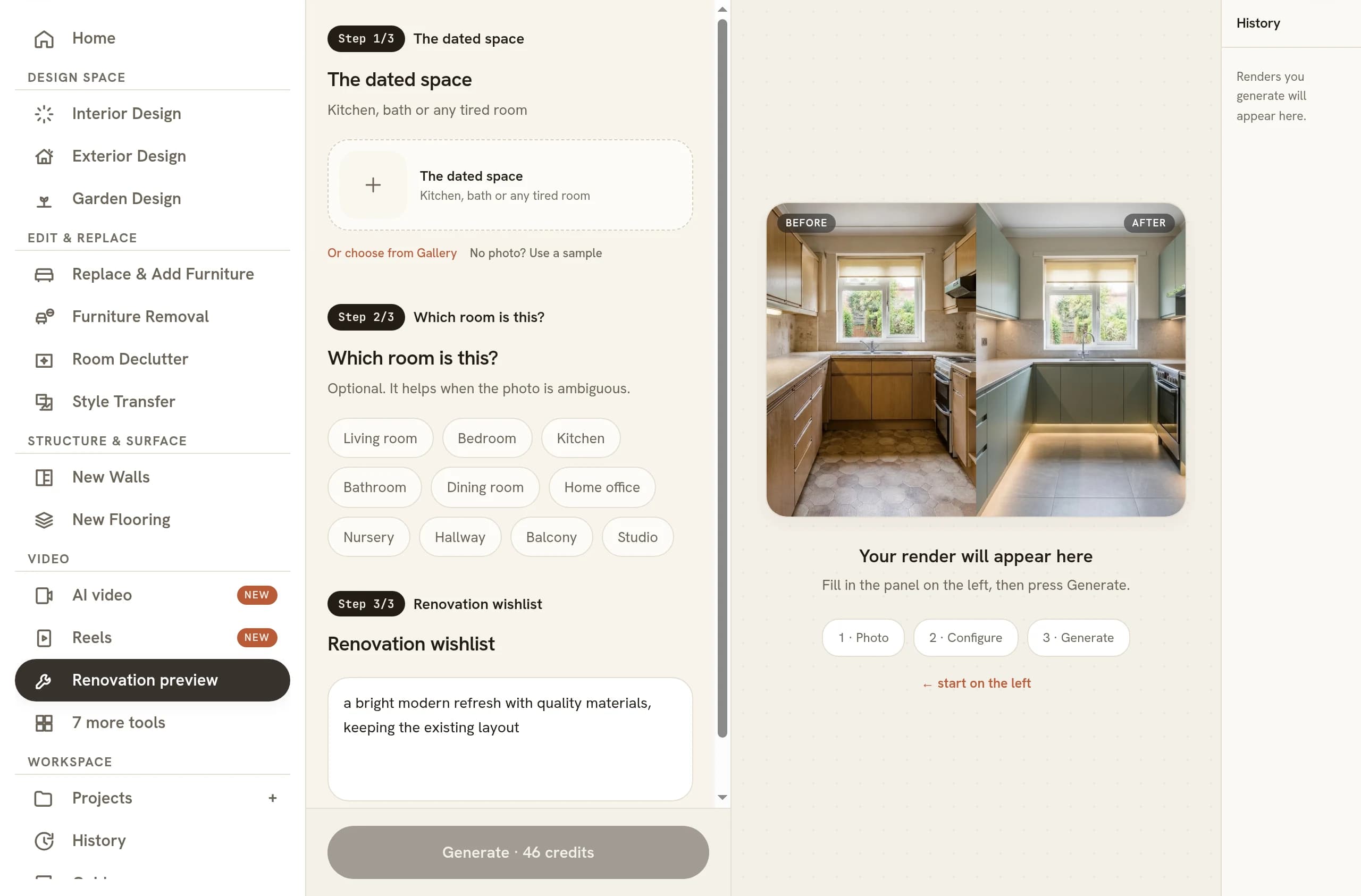 The Renovation preview tool selected in the left sidebar, its panel running Step 1/3 The dated space with a photo upload box, Step 2/3 Which room is this? with room chips including Kitchen and Bathroom, and Step 3/3 Renovation wishlist as a text field, above a Generate button, with the right pane still empty and reading Your render will appear here