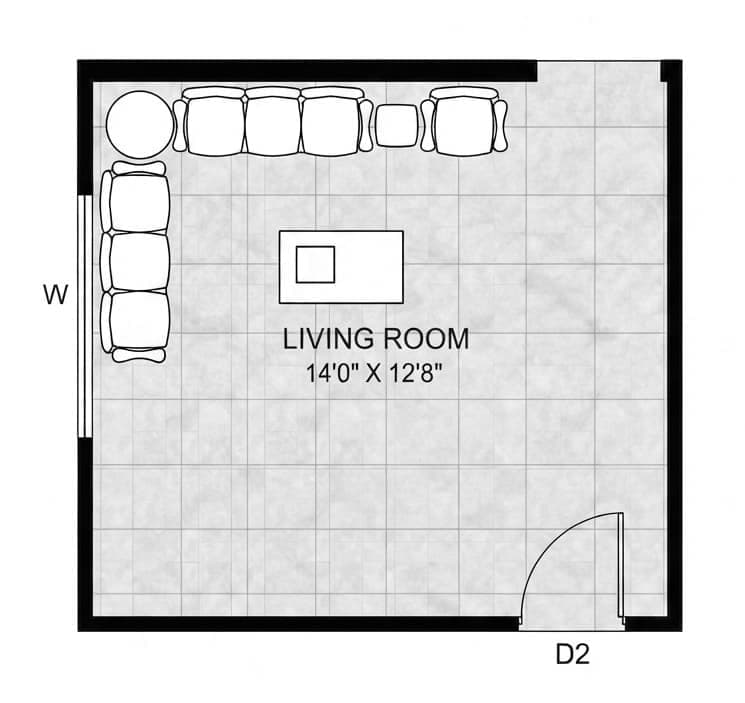 The living room floor plan, 14 by 12.8 feet, with a sectional sofa and coffee table placed