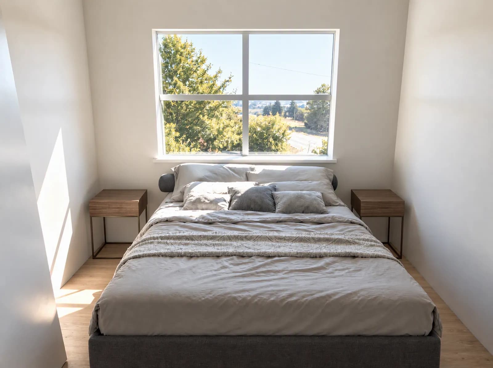 The second bedroom rendered: a grey bed centered under a window onto trees, with a wood bedside table on each side