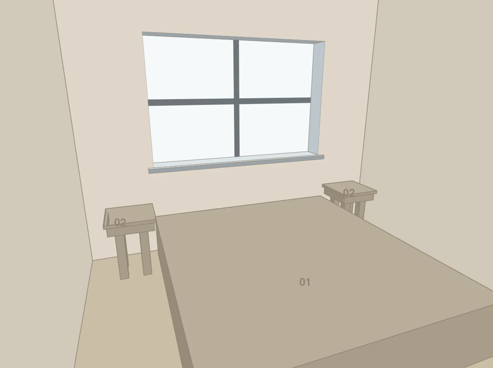 The bedroom's live view in plain blocks: a bed block between two bedside table blocks, below the window