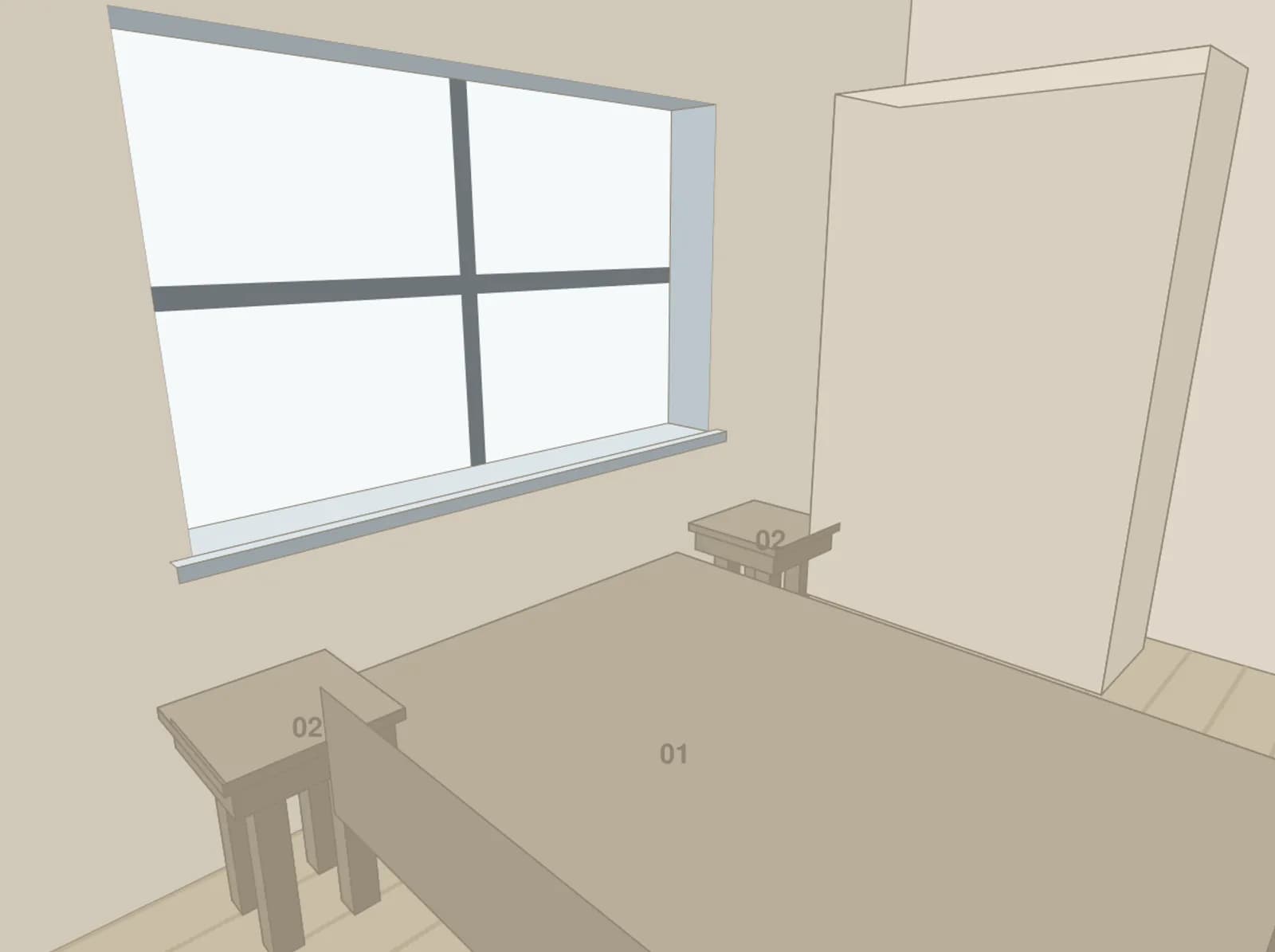 The live view of a bedroom whose walls were drawn by hand, in plain blocks: a bed block and two bedside table blocks below a wide window, with a tall storage block on the right