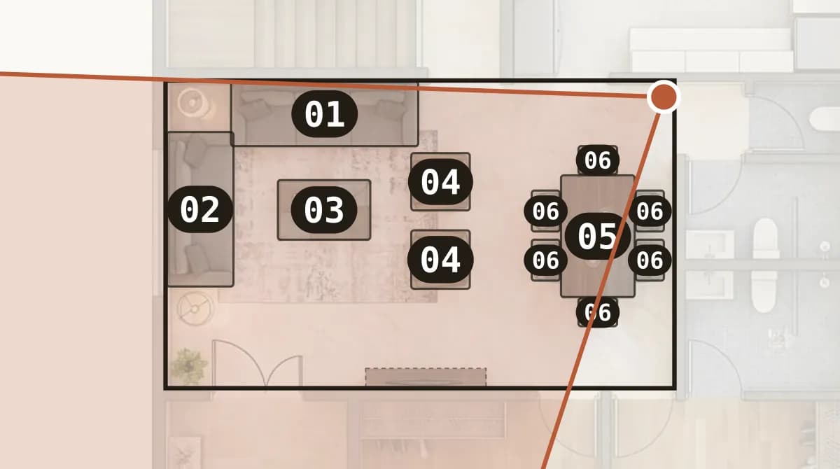 Floor plan B with the room outlined, each placed piece numbered, and the camera with its field of view