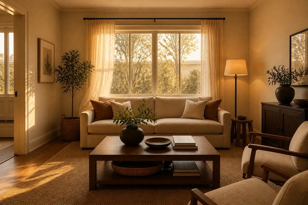 The same living room from one fixed camera, a cream sofa under a wide window with a dark wood coffee table in the foreground and an open doorway on the left, shown first in flat overcast daylight and again in warm low sun with the floor lamp lit, settled light