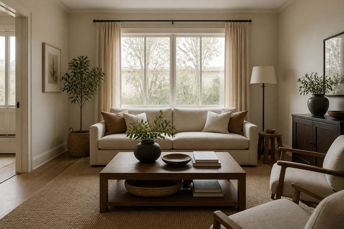 The same living room from one fixed camera, a cream sofa under a wide window with a dark wood coffee table in the foreground and an open doorway on the left, shown first in flat overcast daylight and again in warm low sun with the floor lamp lit, flat daylight