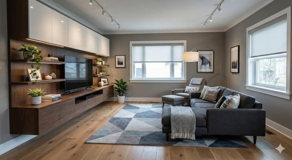Empty living room with a bay window and bare wood floor, then the same room furnished with a gray sectional, a media wall and a patterned rug, after