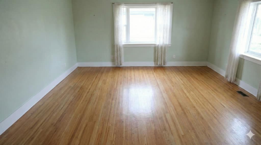Room crowded with shelves, boxes and furniture, then the same room cleared back to bare floor and walls, cleared