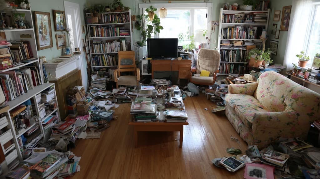 Room crowded with shelves, boxes and furniture, then the same room cleared back to bare floor and walls, as shot