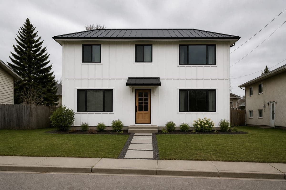 The same two-storey house photographed square on from the street under an overcast sky, first with beige horizontal vinyl siding, a brown shingle roof and a patchy lawn, then with white vertical batten cladding, dark-framed windows, a ribbed dark metal roof, a bare timber front door and planted front beds, modern farmhouse