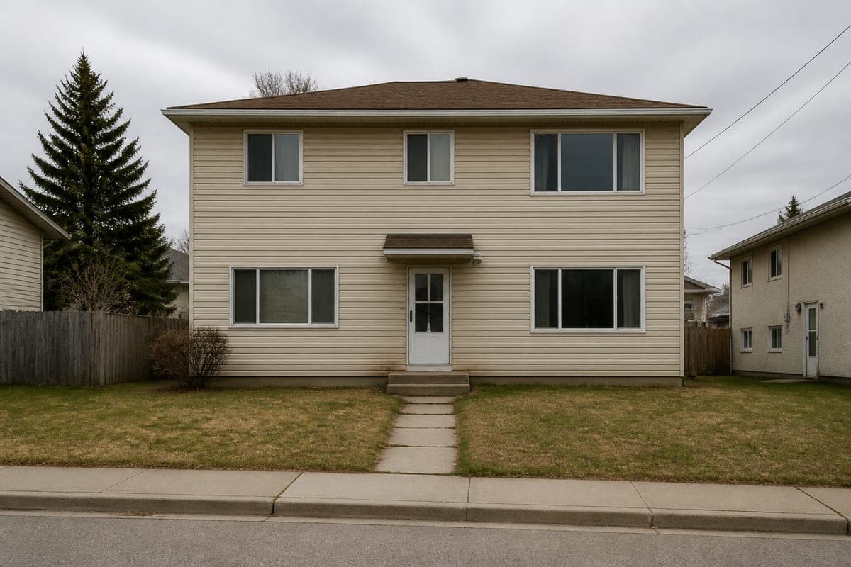 The same two-storey house photographed square on from the street under an overcast sky, first with beige horizontal vinyl siding, a brown shingle roof and a patchy lawn, then with white vertical batten cladding, dark-framed windows, a ribbed dark metal roof, a bare timber front door and planted front beds, as shot