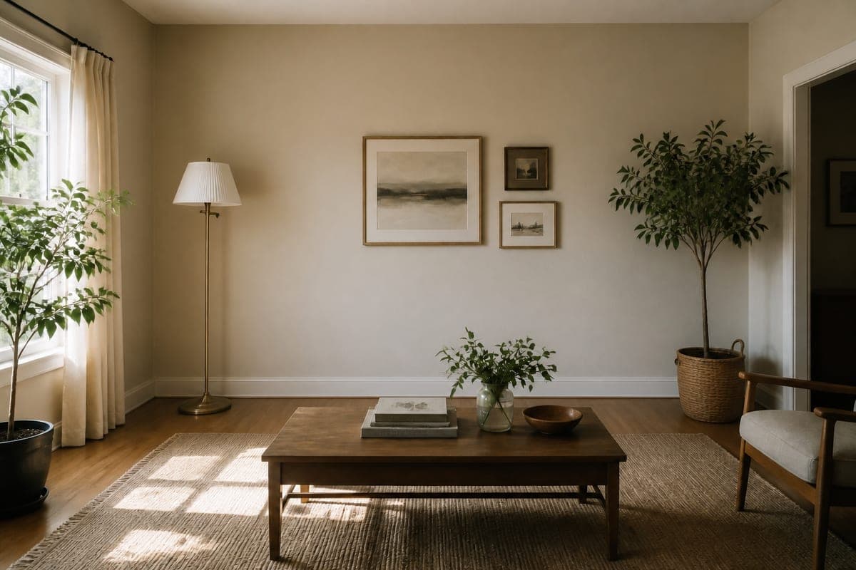 Beige living room with a brass floor lamp, three framed pictures, a jute rug and a wooden coffee table, shown first with a white three-seat sofa against the back wall and again with the sofa, its cushions and its throw removed, sofa removed