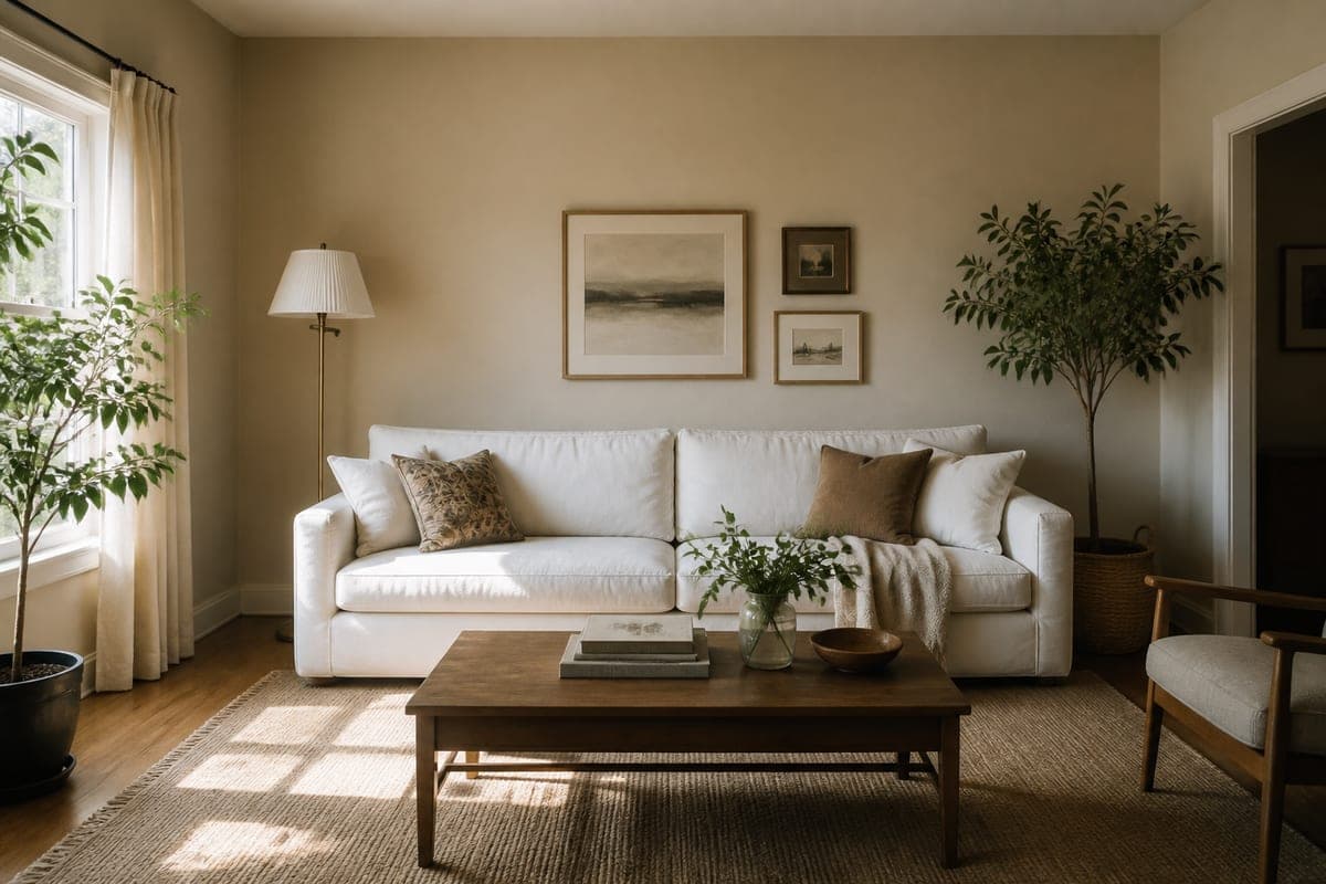 Beige living room with a brass floor lamp, three framed pictures, a jute rug and a wooden coffee table, shown first with a white three-seat sofa against the back wall and again with the sofa, its cushions and its throw removed, as shot