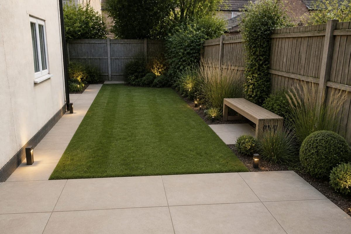 A narrow back garden beside a rendered house wall with timber fence panels down one side, shown first as patchy dry grass, weeds and cracked concrete slabs, then with pale porcelain paving, a crisp rectangular lawn, a planted border of grasses and clipped evergreens, and a timber bench, redesigned