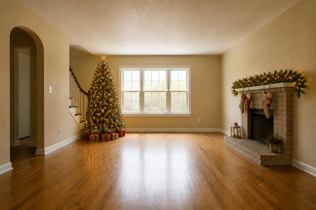 Empty living room with cream walls, oak floorboards, a three-pane white window and a brick fireplace, shown plain and again with a lit Christmas tree in the corner by the staircase, a lit garland and stockings on the mantel, and wrapped presents on the floor, christmas, warm white