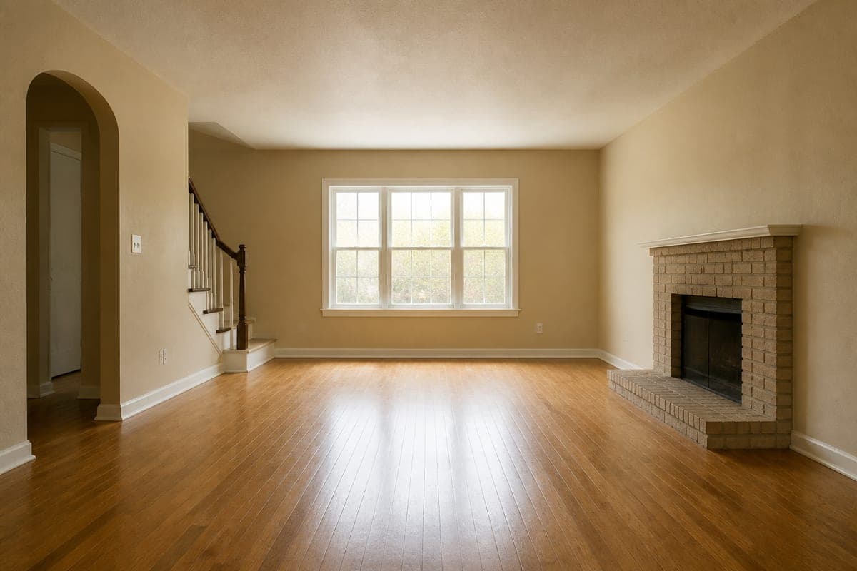 Empty living room with cream walls, oak floorboards, a three-pane white window and a brick fireplace, shown plain and again with a lit Christmas tree in the corner by the staircase, a lit garland and stockings on the mantel, and wrapped presents on the floor, as shot