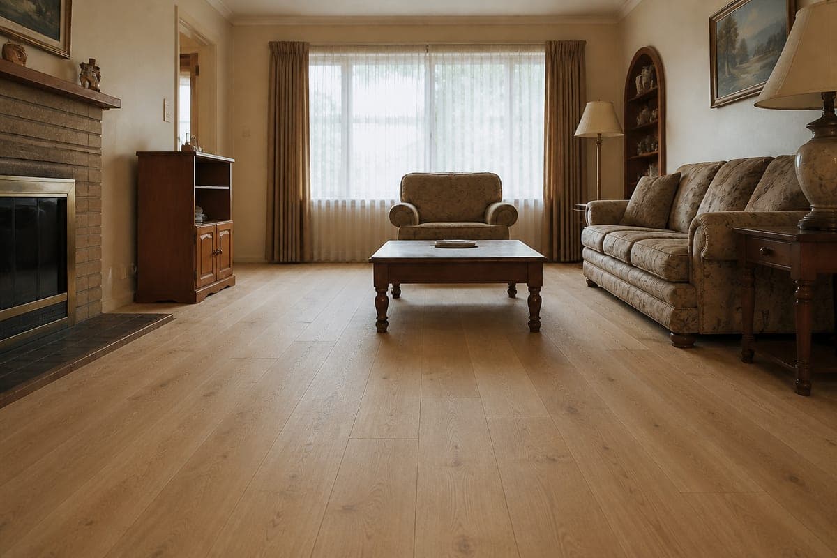 A living room with a brick fireplace, floral sofa and armchair and a dark wood coffee table, shown first with beige plush carpet and then with wide oak boards laid front to back, the furniture in identical positions in both, wide-plank oak