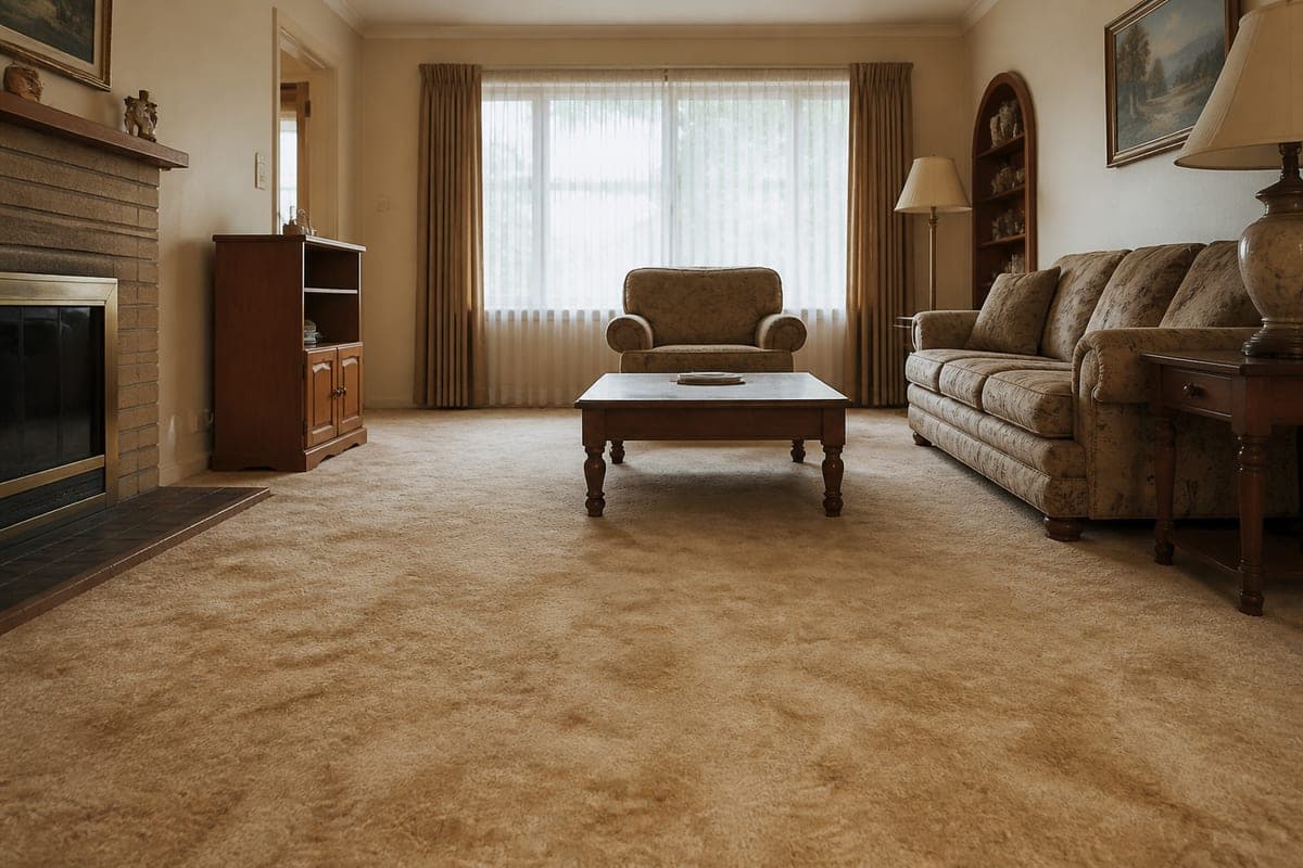 A living room with a brick fireplace, floral sofa and armchair and a dark wood coffee table, shown first with beige plush carpet and then with wide oak boards laid front to back, the furniture in identical positions in both, as shot