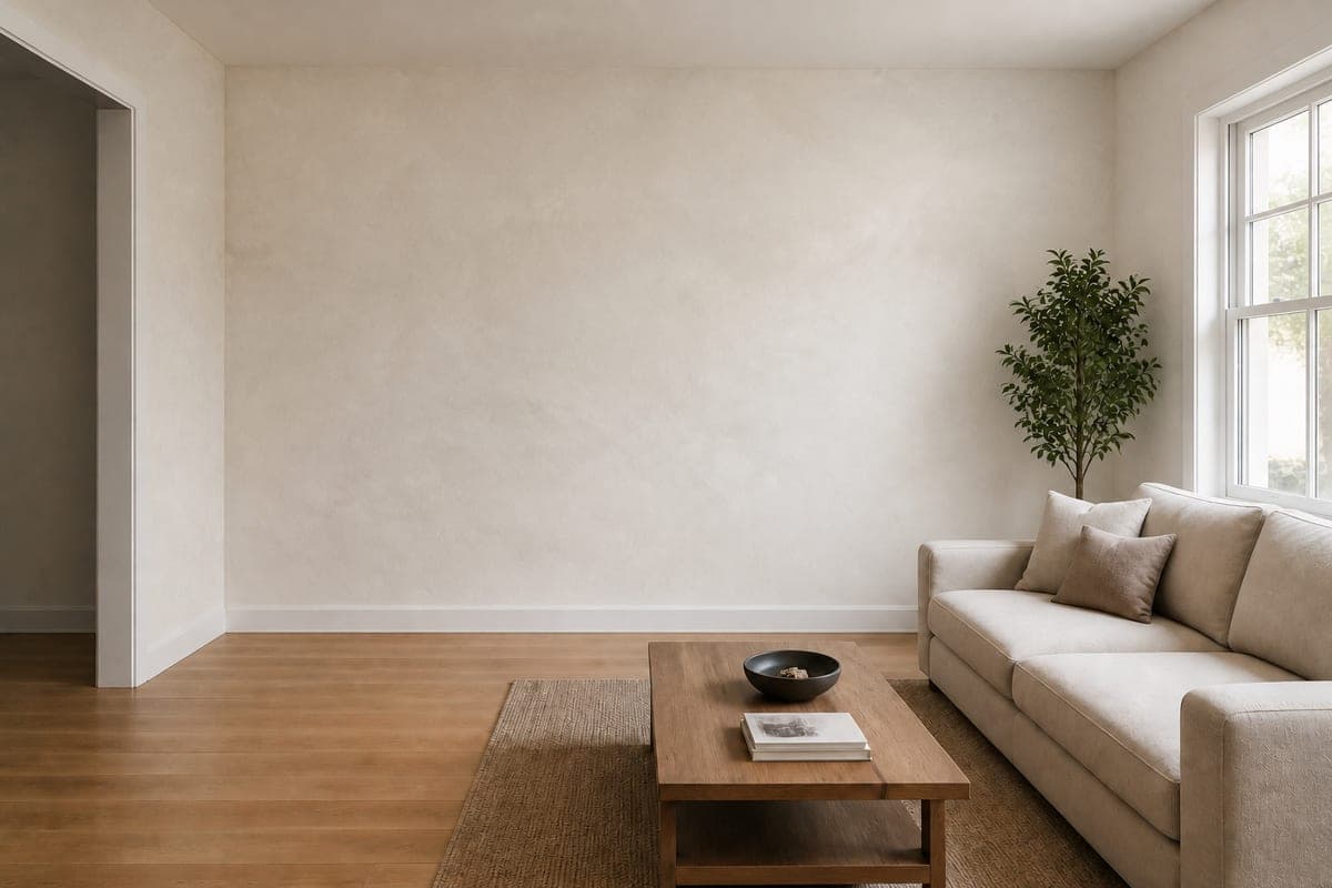 A living room with a linen sofa, an oak coffee table on a jute rug and a small tree by the window, shown first with flat white painted walls and again with the same walls limewashed in a soft cream, limewash