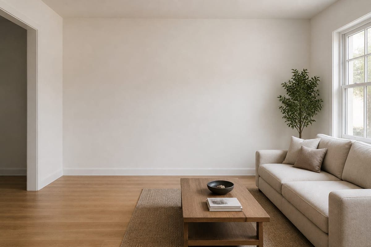 A living room with a linen sofa, an oak coffee table on a jute rug and a small tree by the window, shown first with flat white painted walls and again with the same walls limewashed in a soft cream, as shot