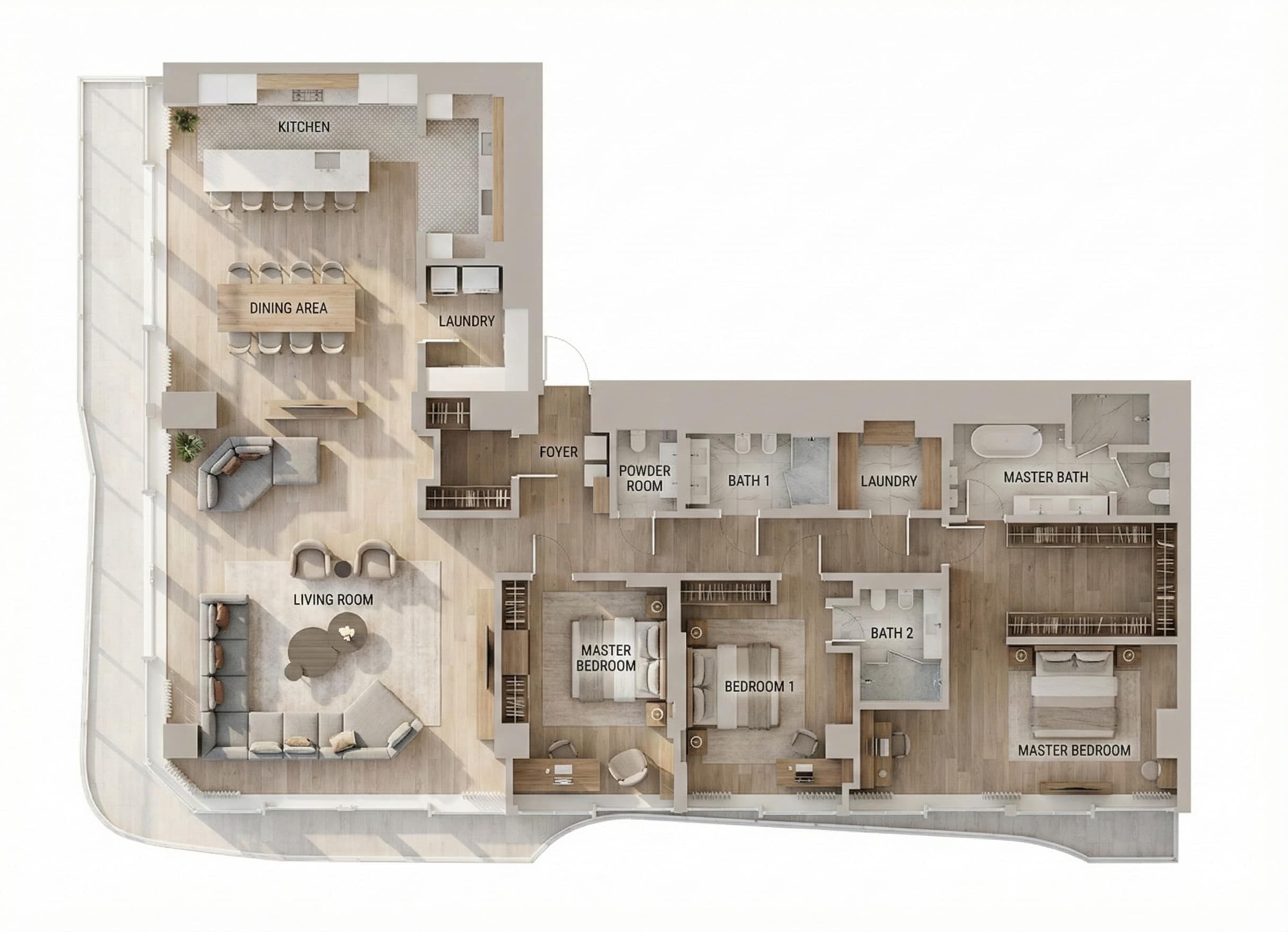 Black and white architectural floor plan of a three-bedroom apartment, then the same plan rendered as a furnished top-down view with labelled rooms, furnished