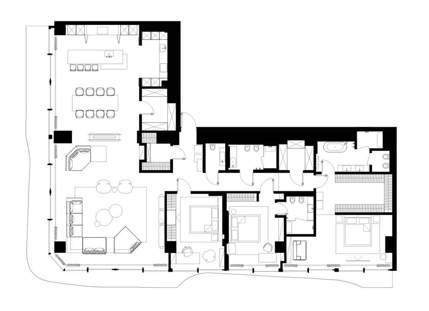 Black and white architectural floor plan of a three-bedroom apartment, then the same plan rendered as a furnished top-down view with labelled rooms, floor plan