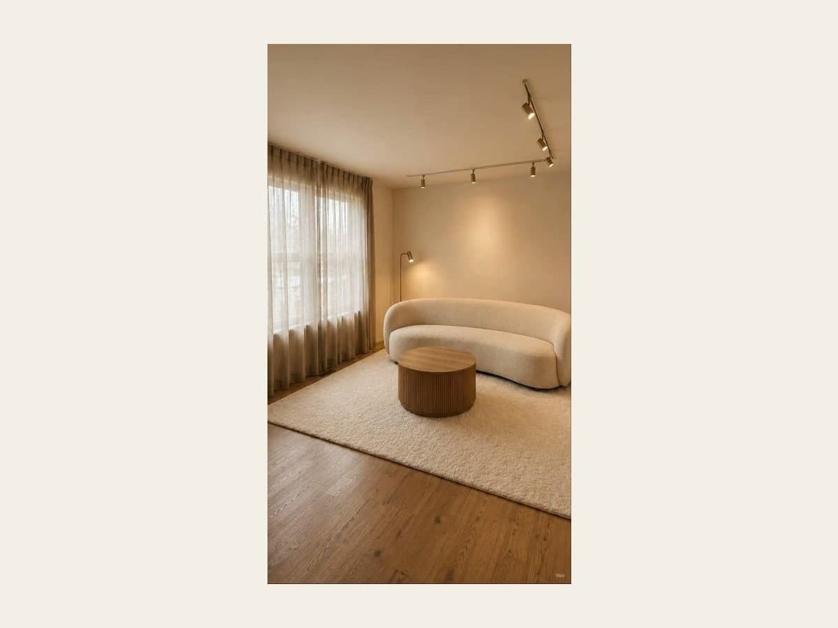 A 9:16 vertical frame sitting on a pale background, holding a living room with sheer curtains over a tall window, a curved cream bouclé sofa, a fluted round wooden coffee table on a cream rug, ceiling track lights and a slim floor lamp