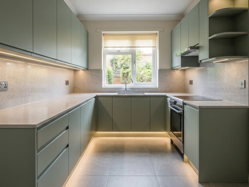 Narrow U-shaped kitchen shot from the doorway with light oak-effect units, patterned beige wall tiles and hexagonal vinyl floor tiles, shown again with sage green flat-fronted units, a pale stone worktop and splashback, and large grey floor tiles, previewed