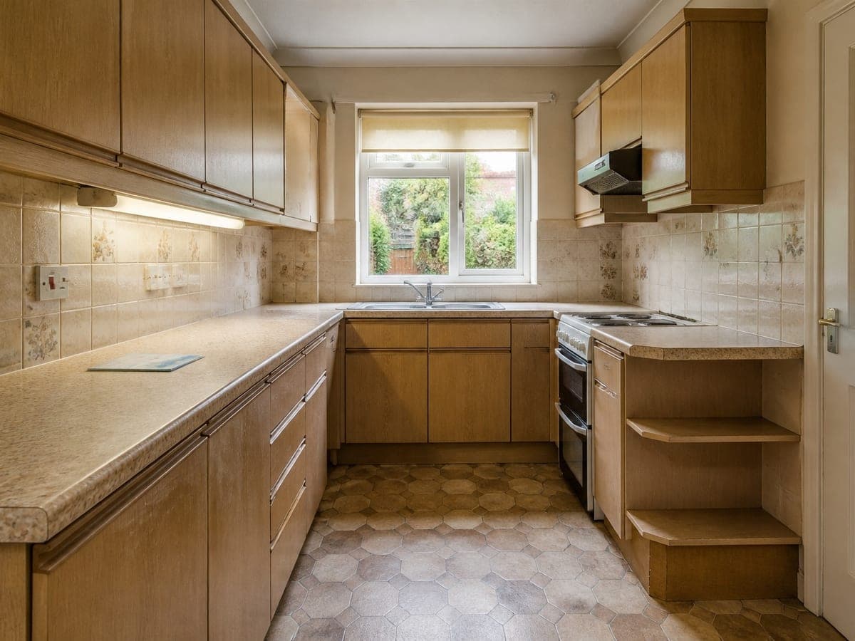 Narrow U-shaped kitchen shot from the doorway with light oak-effect units, patterned beige wall tiles and hexagonal vinyl floor tiles, shown again with sage green flat-fronted units, a pale stone worktop and splashback, and large grey floor tiles, as photographed