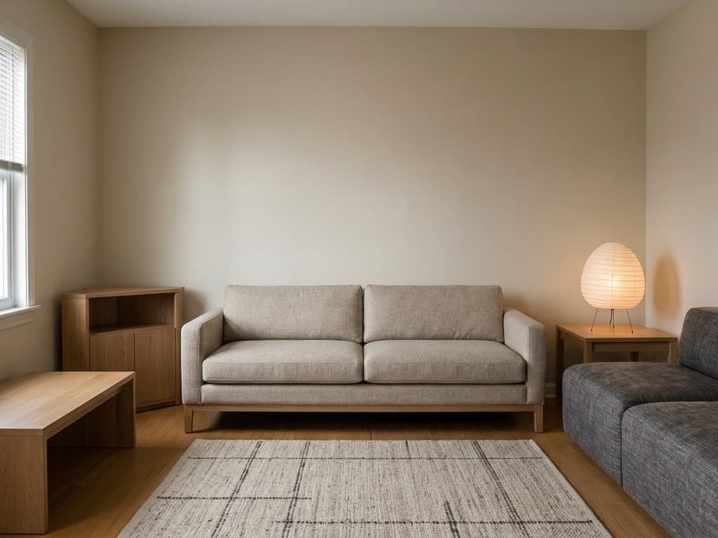 A beige living room with a floral three-seater sofa, a blue plaid sofa, dark wood tables and a patterned rug, and the same room restyled with a pale linen sofa, light oak tables, a paper globe lamp and a flat-weave rug, japandi