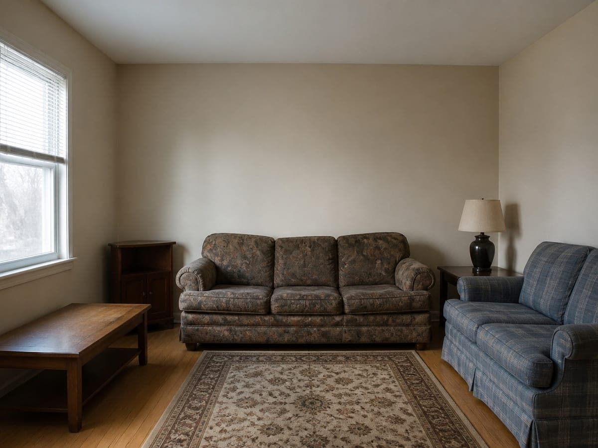 A beige living room with a floral three-seater sofa, a blue plaid sofa, dark wood tables and a patterned rug, and the same room restyled with a pale linen sofa, light oak tables, a paper globe lamp and a flat-weave rug, as shot