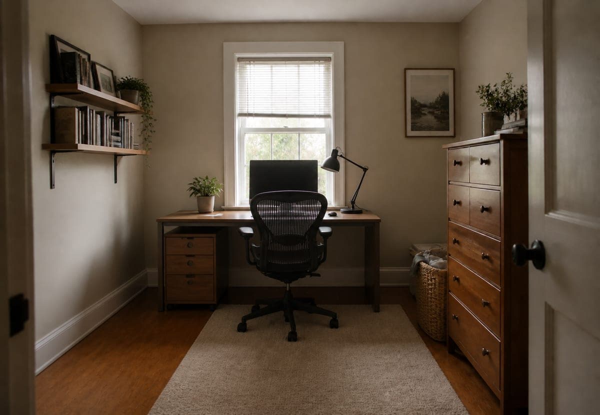 A narrow spare bedroom with a single bed, a small bedside table and cardboard boxes stacked in the corner, and the same room refitted as a home office with a desk across the window wall, a mesh task chair, a drawer unit and wall shelves, flipped to an office