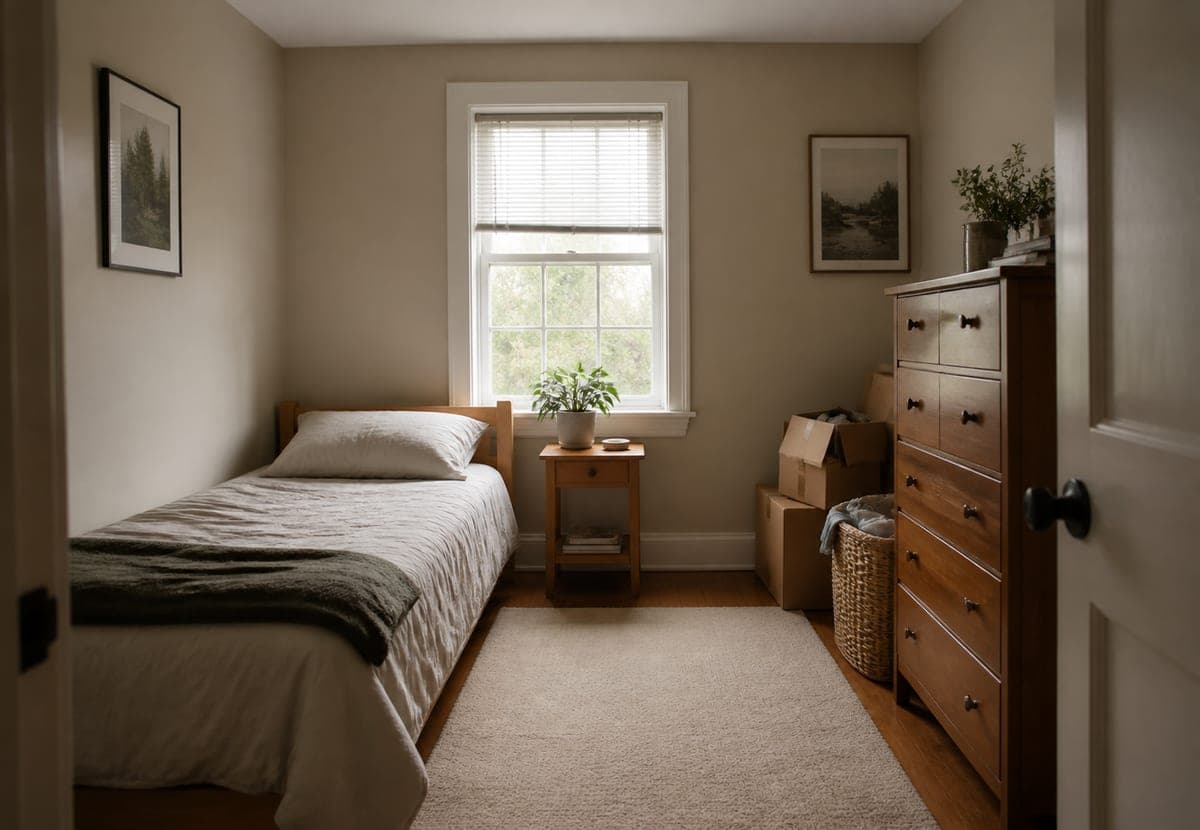 A narrow spare bedroom with a single bed, a small bedside table and cardboard boxes stacked in the corner, and the same room refitted as a home office with a desk across the window wall, a mesh task chair, a drawer unit and wall shelves, as shot