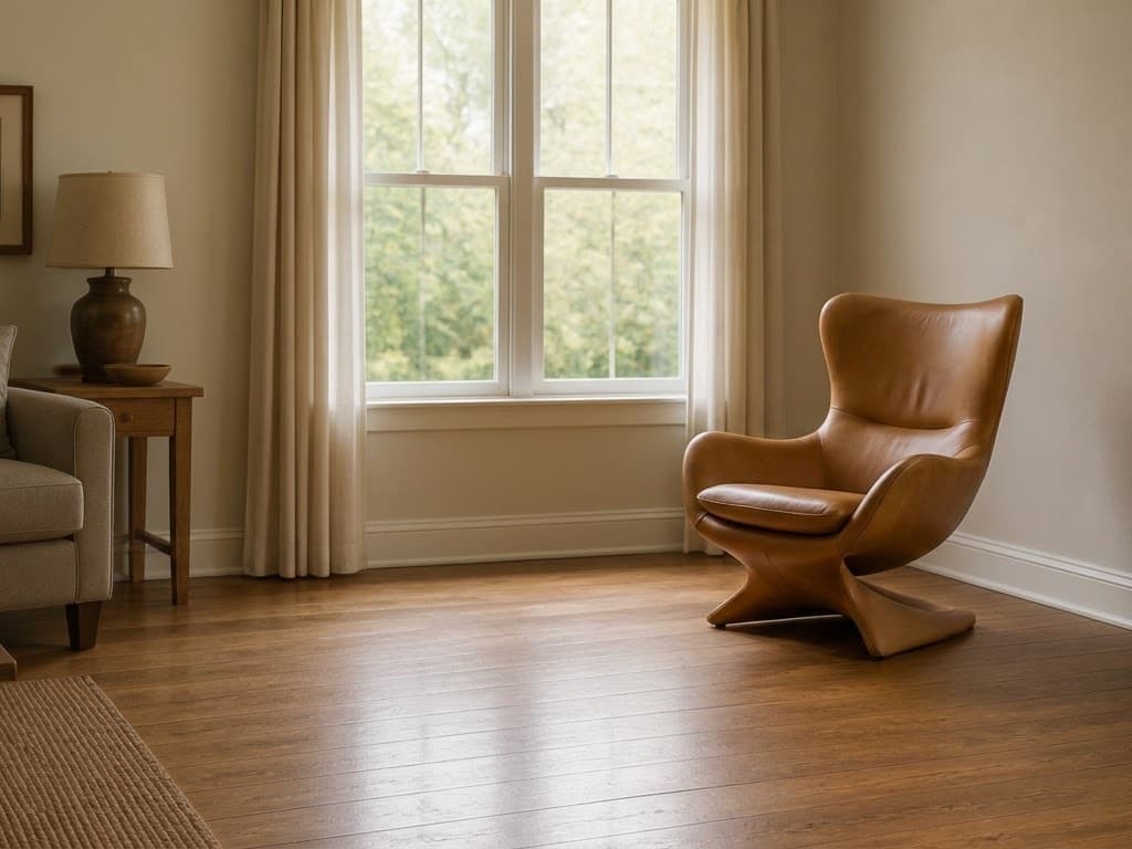 The same corner of a living room beside a tall curtained window, first with empty floorboards and then with a tan leather sculptural armchair standing in that space, chair placed