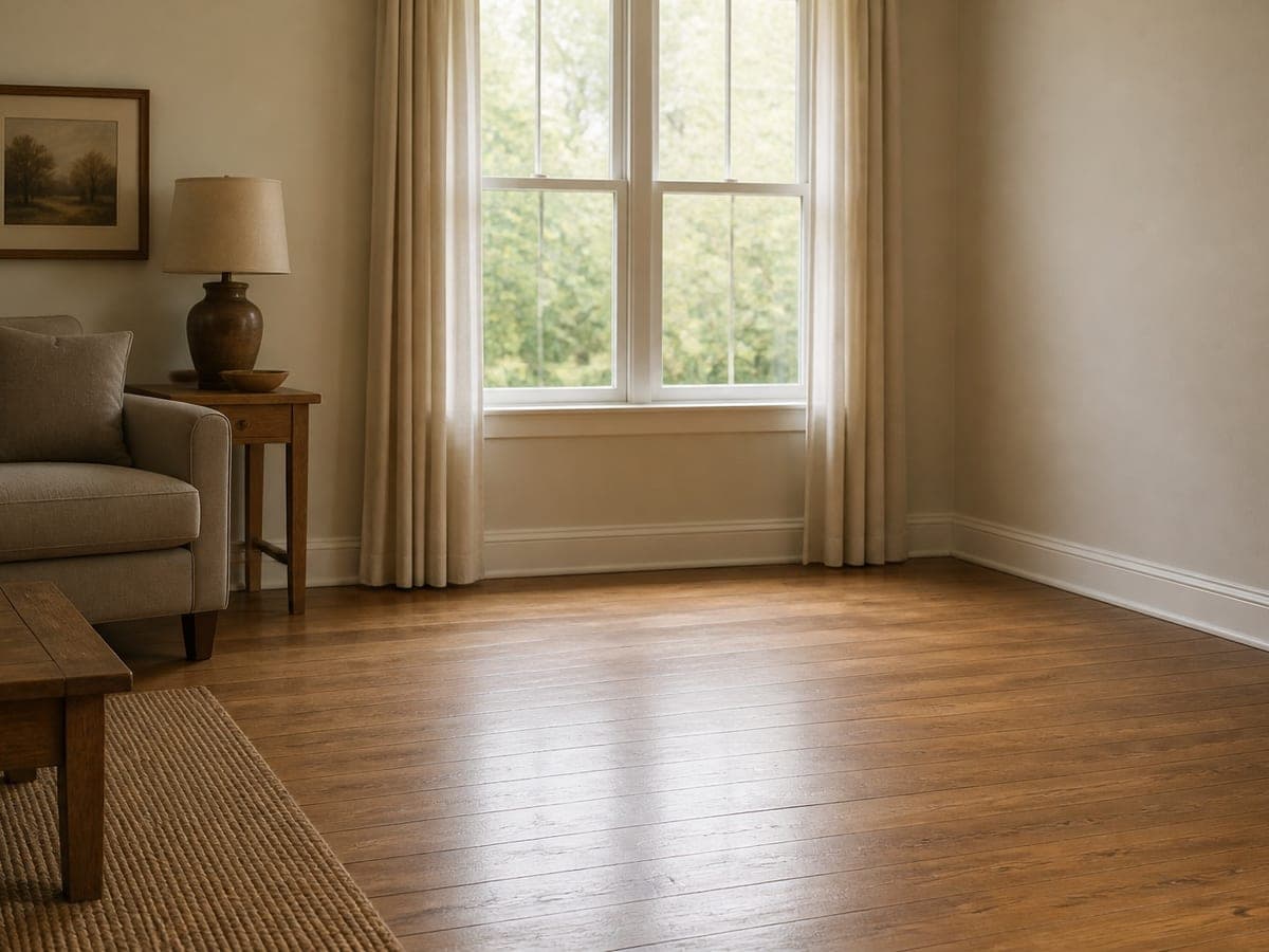 The same corner of a living room beside a tall curtained window, first with empty floorboards and then with a tan leather sculptural armchair standing in that space, your room