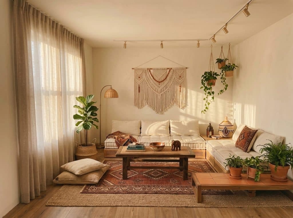 Plain room with a curved cream sofa and sheer curtains, then the same room dressed in warm earth tones with woven textiles and a wall hanging, house style
