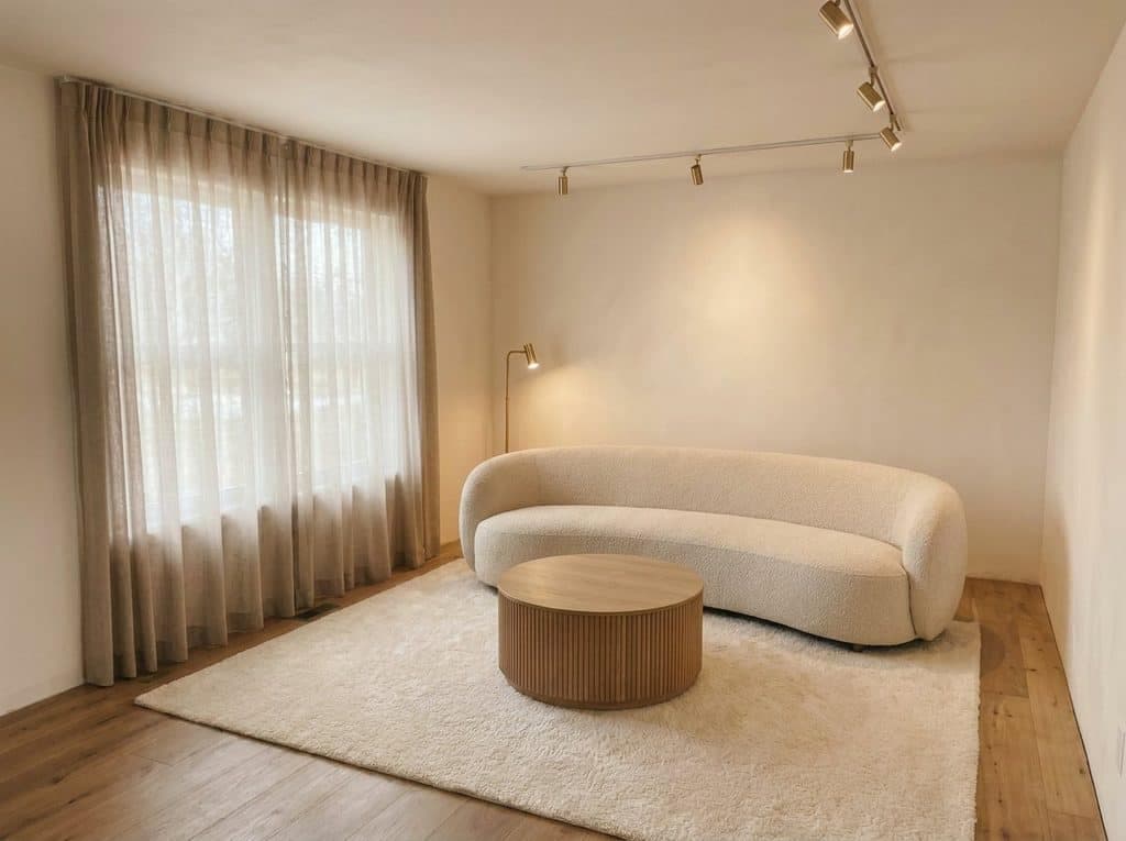 Plain room with a curved cream sofa and sheer curtains, then the same room dressed in warm earth tones with woven textiles and a wall hanging, room