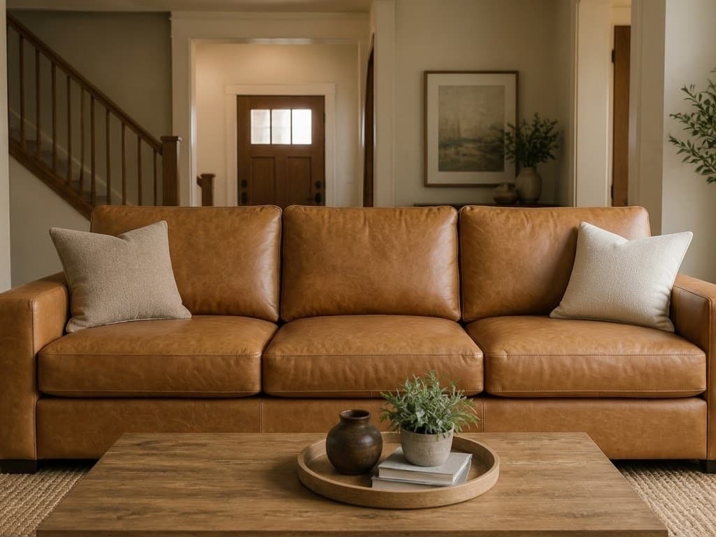 A living room seen from one camera position, with the grey fabric three-seat sofa replaced by a tan leather one while the two cushions, the wooden coffee table and its tray, the jute rug, the staircase and the framed print all stay as they were, sofa swapped
