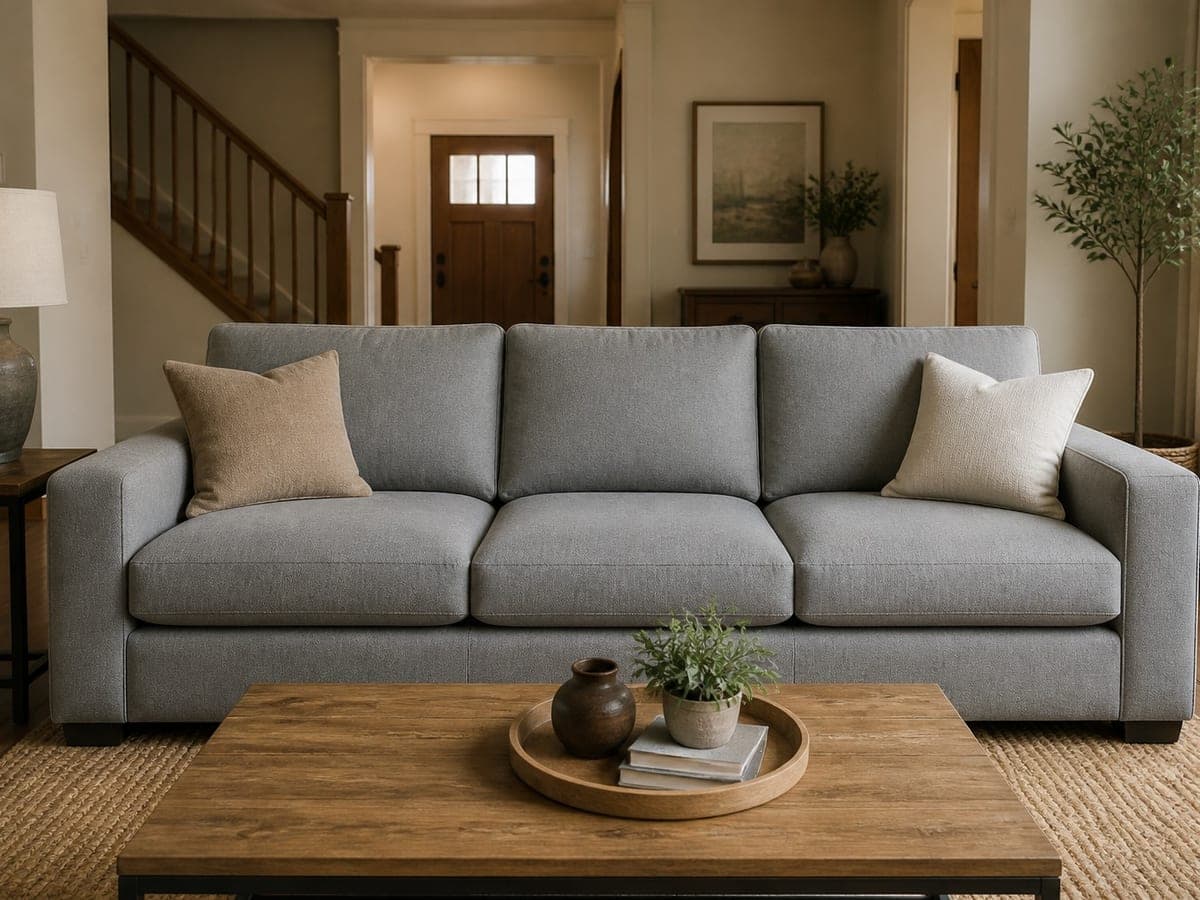 A living room seen from one camera position, with the grey fabric three-seat sofa replaced by a tan leather one while the two cushions, the wooden coffee table and its tray, the jute rug, the staircase and the framed print all stay as they were, as shot
