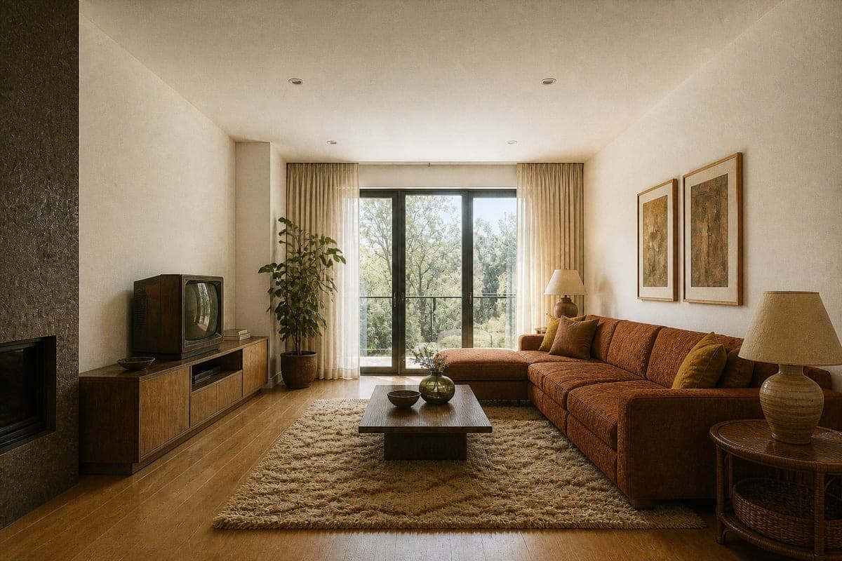 A living room with sliding glass doors and sheer curtains, shown first with a cream sectional sofa, a wall-mounted flat screen and a jute rug, then restyled with a rust corduroy sectional, a wood-cased television and a shaggy oatmeal rug, styled for 1975