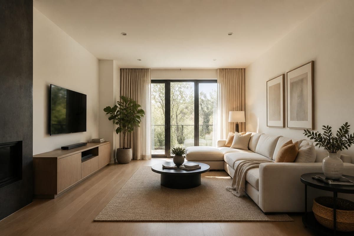 A living room with sliding glass doors and sheer curtains, shown first with a cream sectional sofa, a wall-mounted flat screen and a jute rug, then restyled with a rust corduroy sectional, a wood-cased television and a shaggy oatmeal rug, as shot