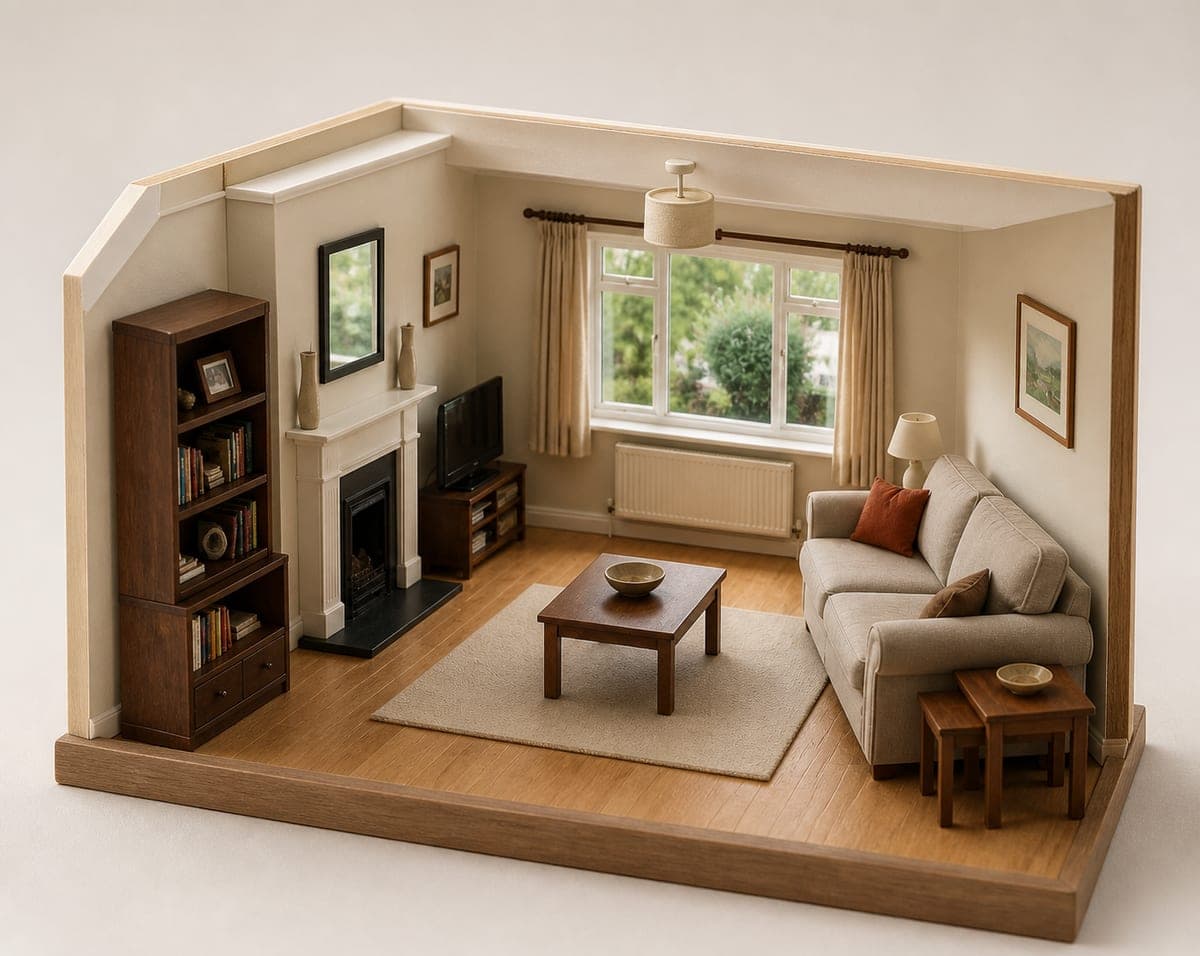 A cream living room with a dark bookcase, white fireplace, beige sofa and a garden window, shown as a photograph and again as a miniature model of the same room on a wooden base, as a model