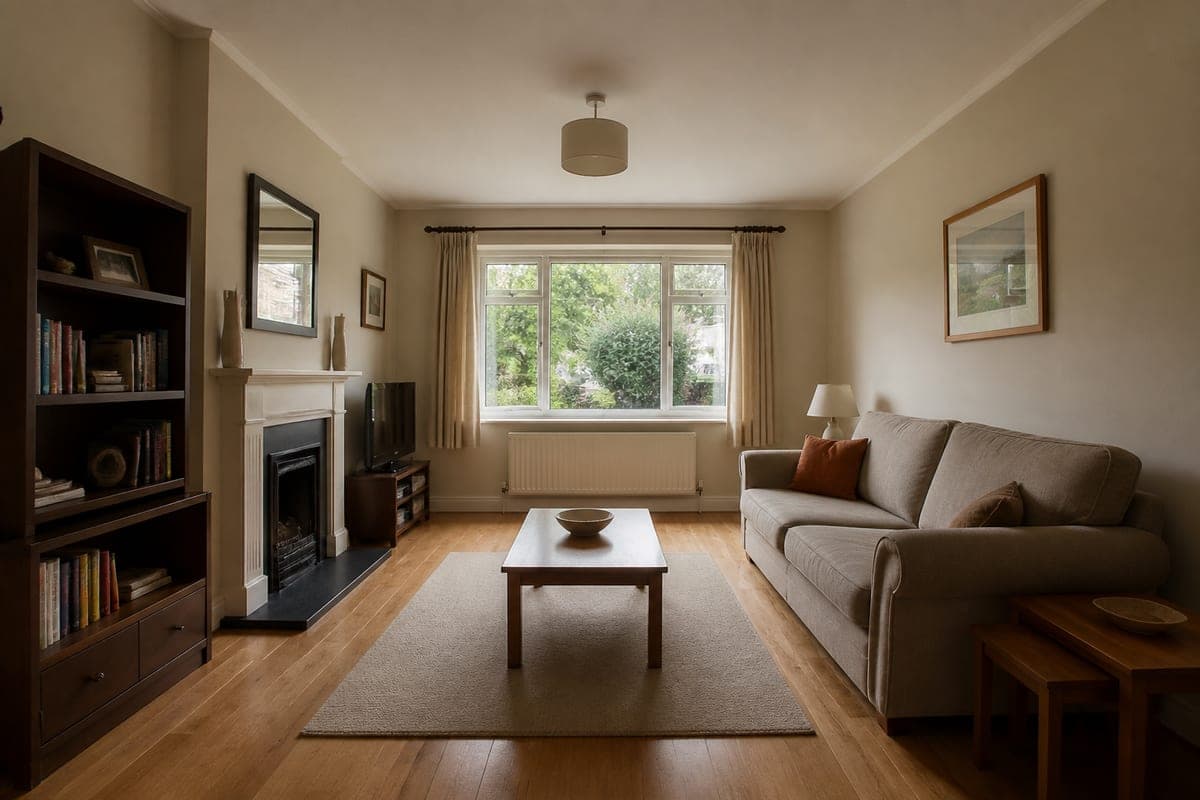 A cream living room with a dark bookcase, white fireplace, beige sofa and a garden window, shown as a photograph and again as a miniature model of the same room on a wooden base, as shot