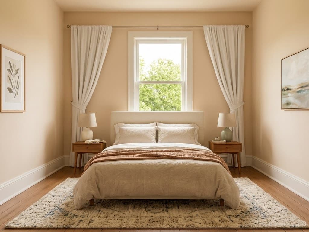An empty bedroom with cream walls, white skirting and wide oak boards, shown again furnished with an upholstered bed under the window, two timber bedside tables with lamps, a shaggy rug and framed art, furnished