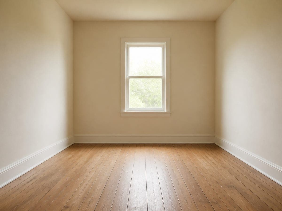 An empty bedroom with cream walls, white skirting and wide oak boards, shown again furnished with an upholstered bed under the window, two timber bedside tables with lamps, a shaggy rug and framed art, as shot, empty